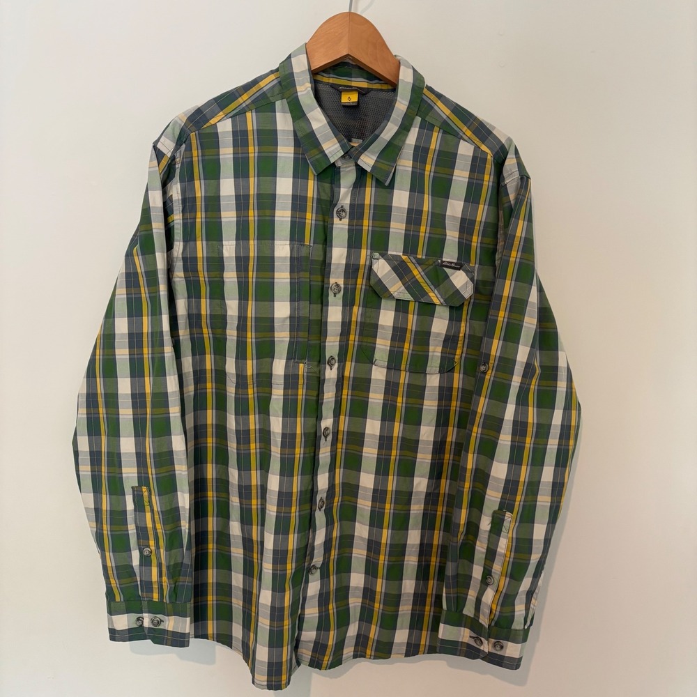 Eddie Bauer First Ascent Mens Large Green Yellow Plaid Hiking Shirt Long Sleeve